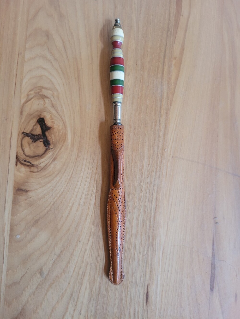 Colorful Letter Opener In Fancy Stitched Leather Sheath With Clip.